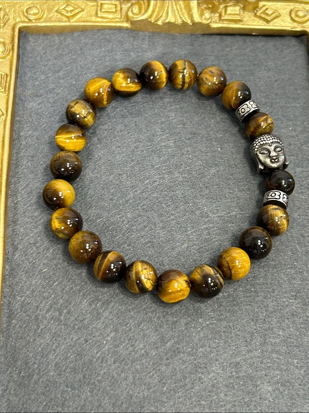 Tiger Eye Beaded Stretch Bracelet with Buddha Accent